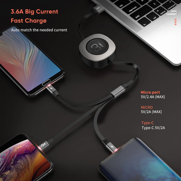 Rock G3 5V 3.6A 3 en 1 8 broches + Micro USB + USB-C / Type-C Câble de données de charge rapide rétractable Longueur maximale: 1,2 m (Noir)