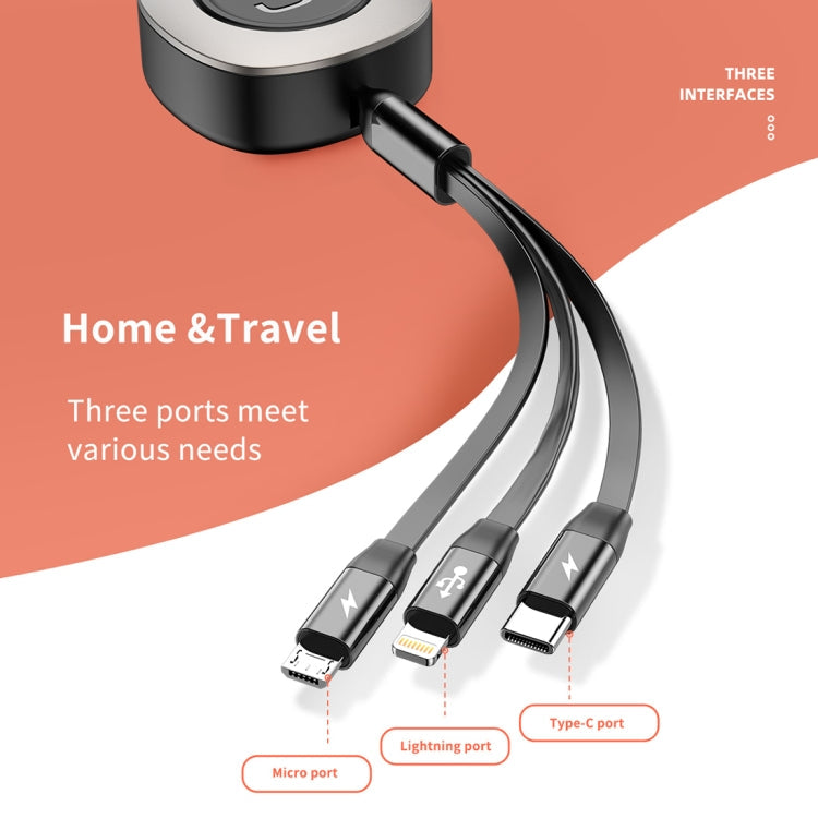 Rock G3 5V 3.6A 3 in 1 8 Pin + Micro USB + USB-C / Type-C Retractable Fast Charging Data Cable the maximum length: 1.2m (Orange)