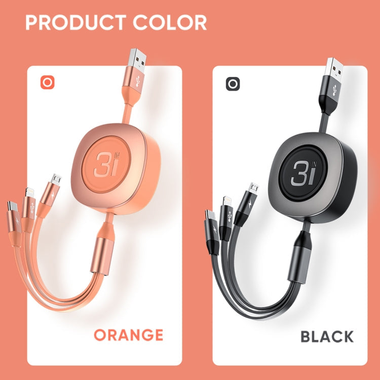 Rock G3 5V 3.6A 3 in 1 8 Pin + Micro USB + USB-C / Type-C Retractable Fast Charging Data Cable the maximum length: 1.2m (Orange)