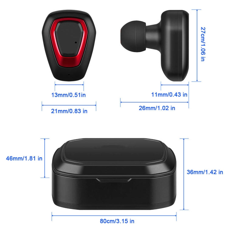 A7 TWS Bluetooth 5.0 Double écouteur Bluetooth sans fil avec appel de prise en charge de la boîte de charge (noir rouge)