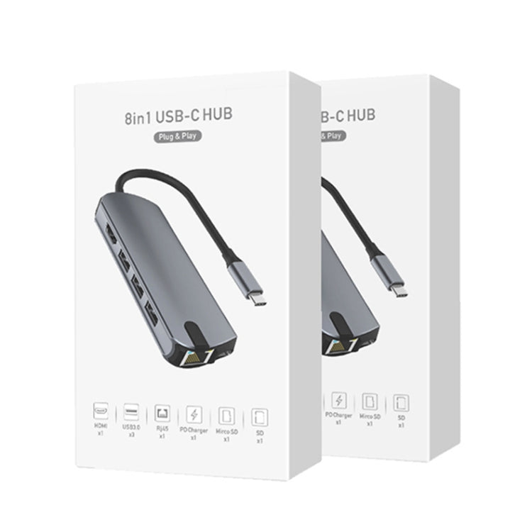 Base de expansión Basix T1908 8 en 1 multifunción Type-C / USB-C HUB (Gris)