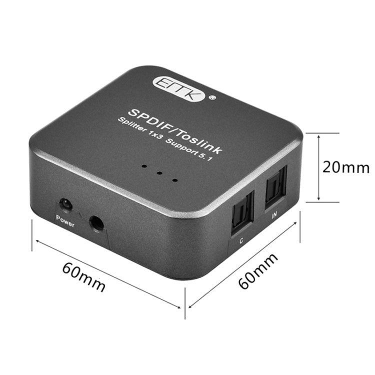 EMK Adaptador divisor de Audio óptico Digital SPDIF Toslink de 1 entrada y 3 salidas (Gris Plateado)