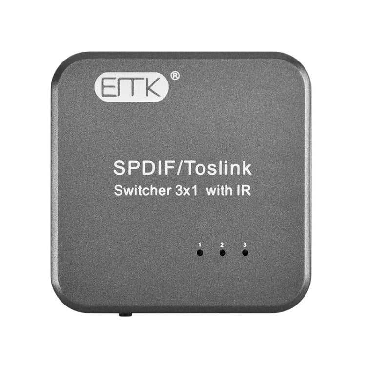 Conmutador 3x1 de Audio óptico Digital EMK SPDIF / TosLink con Controlador IR (Gris)