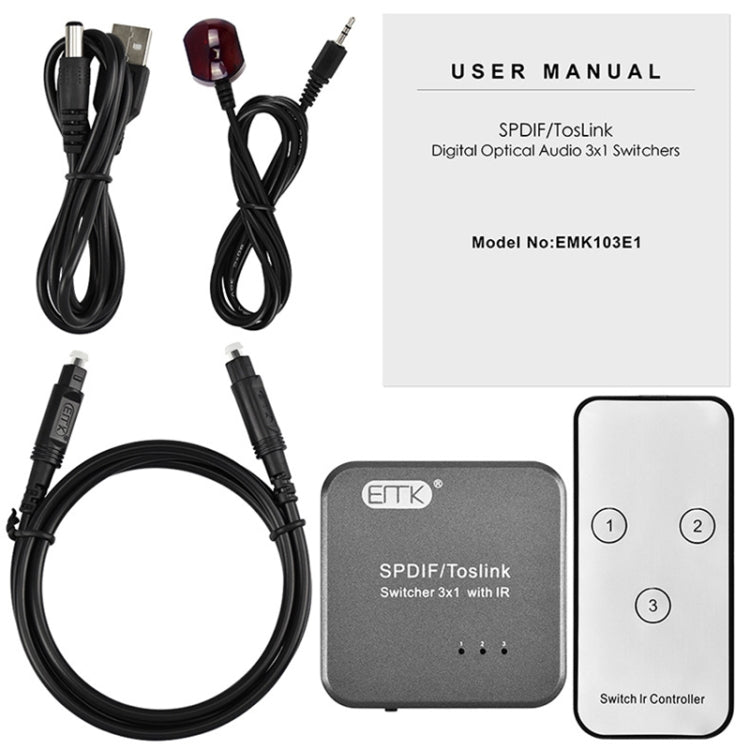 EMK SPDIF / TosLink Digital Optical Audio 3x1 Switcher with IR Controller (Grey)