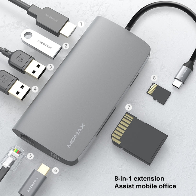 MOMAX DHC6E 8 en 1 Convertidor adaptador multifunción USB-C / Tipo-C HUB Versión mejorada (Gris Oscuro)