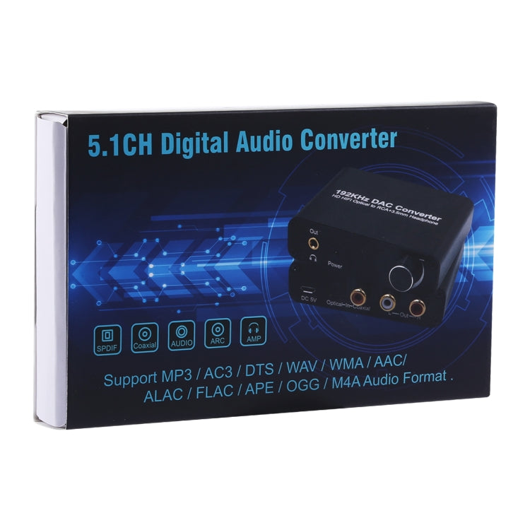 192KHz HD HIFI Optical to RCA DAC Converter + 3.5mm Headphone 5.1 Channel Digital Audio Converter with Volume Control