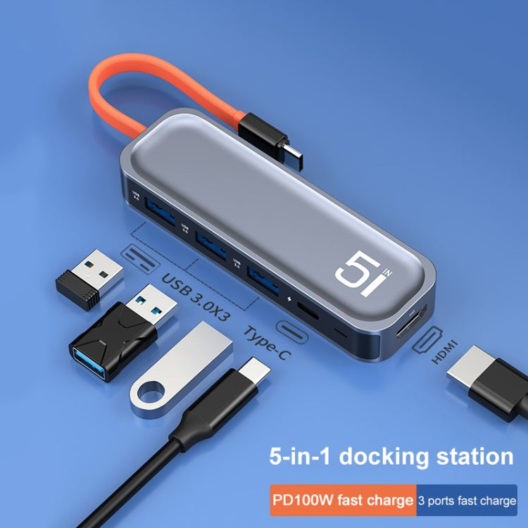 Rock TR21 USB-C / Tipo-C a HDMI + USB3.0 x 3 + PD 4K 60Hz 5 en 1 estación de acoplamiento