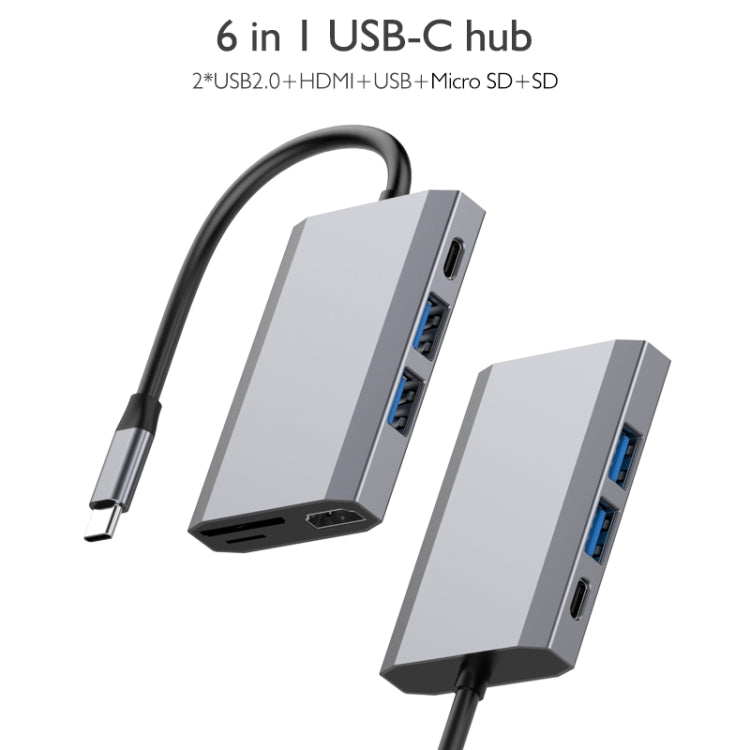 basix TW6A 6 en 1 USB-C / Type-C a 2 USB 3.0 + USB-C / Type-C + Adaptador HUB de interfaces HDMI con ranuras Para Tarjetas Micro SD / SD (Gris)