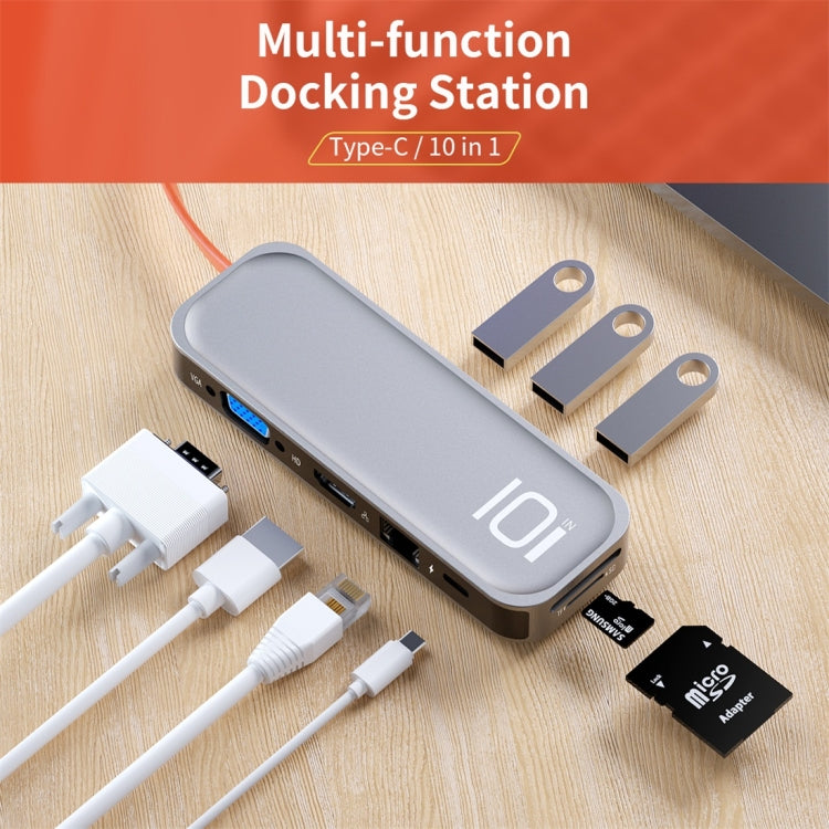 ROCK TR01 Multifonctionnel 10-en-1 Type-C / USB-C vers HDMI + Adaptateur HUB d'Extension VGA (Argent)