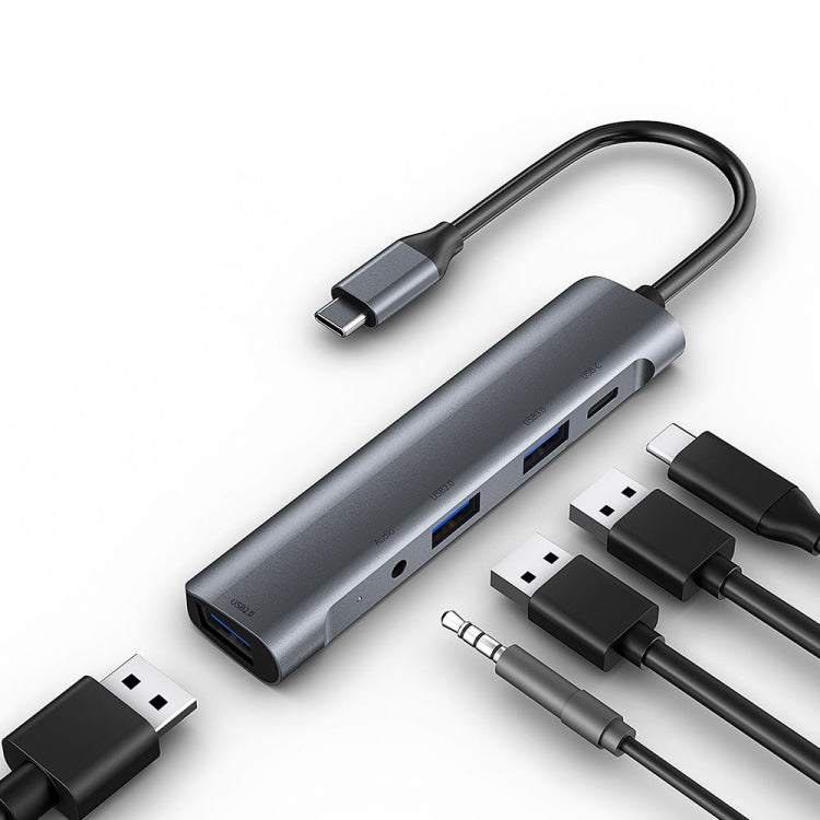 QC521 5 en 1 2xusb2.0 + USB3.0 + Puerto de Audio + PD A Adaptador de concentrador USB-C / TYPE-C