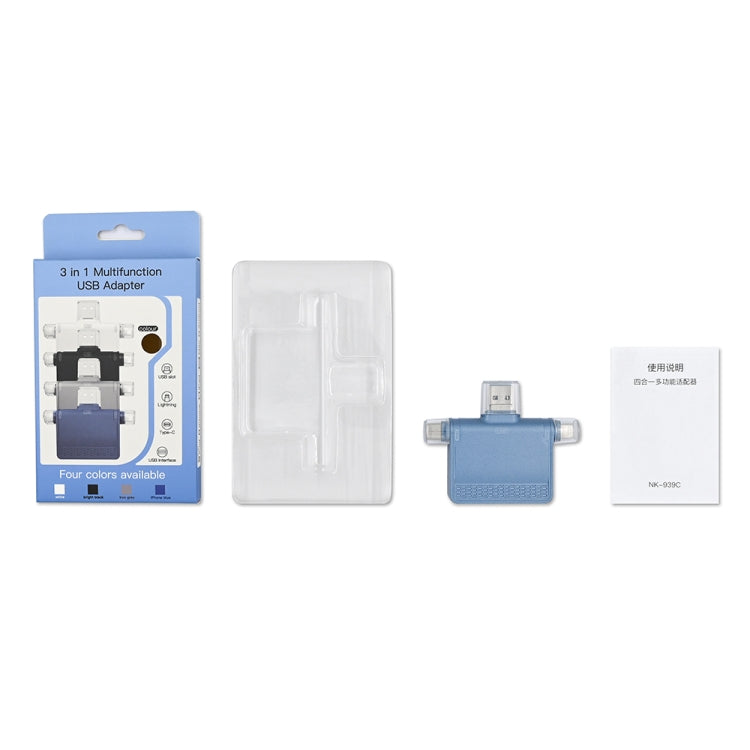 NK-939C 3 in 1 USB to USB-C / Type C + 8Pin Multifunctional Station (Blue)