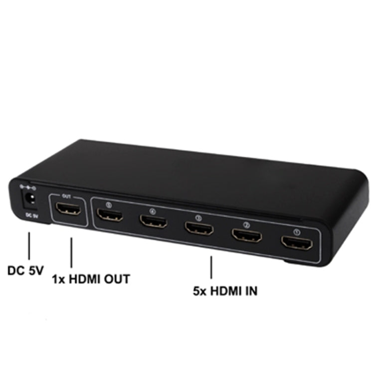 Conmutador HDMI Full HD 1080P de 5 Puertos con conmutador y Control remoto Versión 1.3 (entrada HDMI de 5 Puertos salida HDMI de 1 Puerto) (Negro)