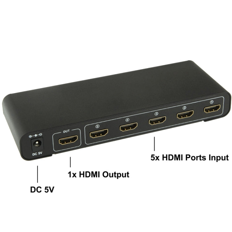 Conmutador HDMI Full HD 1080P de 5 Puertos con Control remoto e indicador LED (Negro)