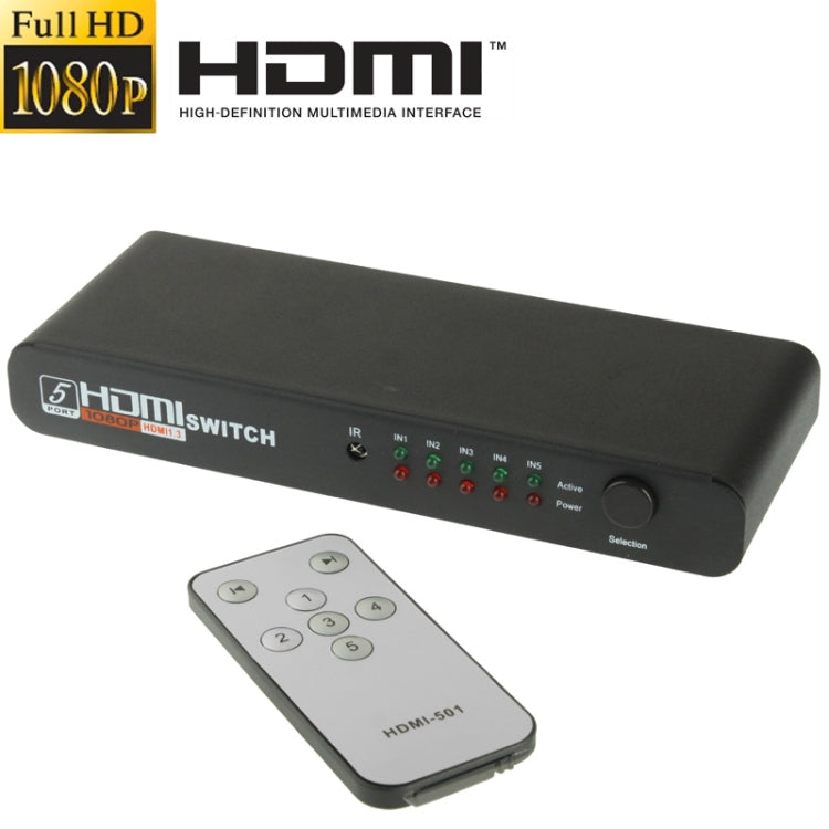 Commutateur HDMI Full HD 1080P 5 ports avec télécommande et indicateur LED (noir)