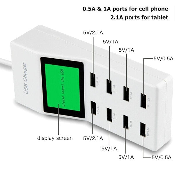 CDA6 5V (2.1A + 2.1A + 1A + 1A + 1A + 1A + 0.5A + 0.5A) 8 Ports USB Chargeur USB ultra-rapide avec écran d'affichage