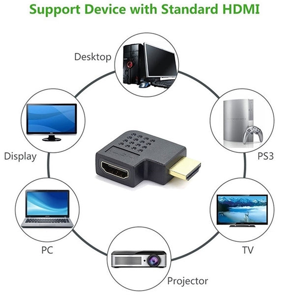 Adaptateur HDMI 19 broches mâle vers HDMI 19 broches femelle plaqué or avec angle de 90 degrés (noir)