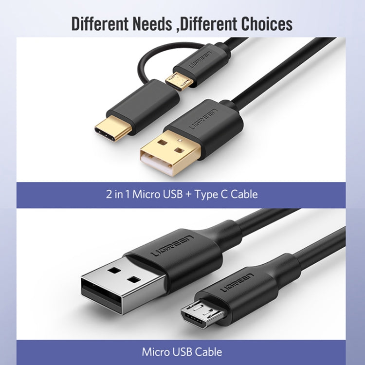 UVerde 1.5m 2.4A Output 2 in 1 USB-C / Type-C + Mrico USB to USB PET Data Sync Charging Cable (Black)