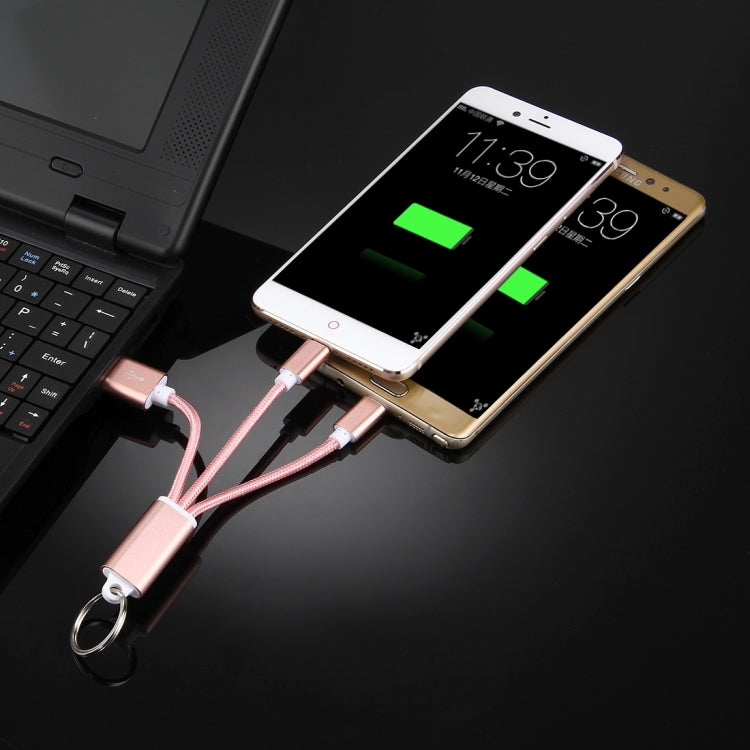 Câble adaptateur de charge 2 en 1 Micro USB + Micro USB vers USB 2.0 avec porte-clés pour Samsung Xiaomi Meizu Nokia Google et autres appareils avec port micro USB (or rose)
