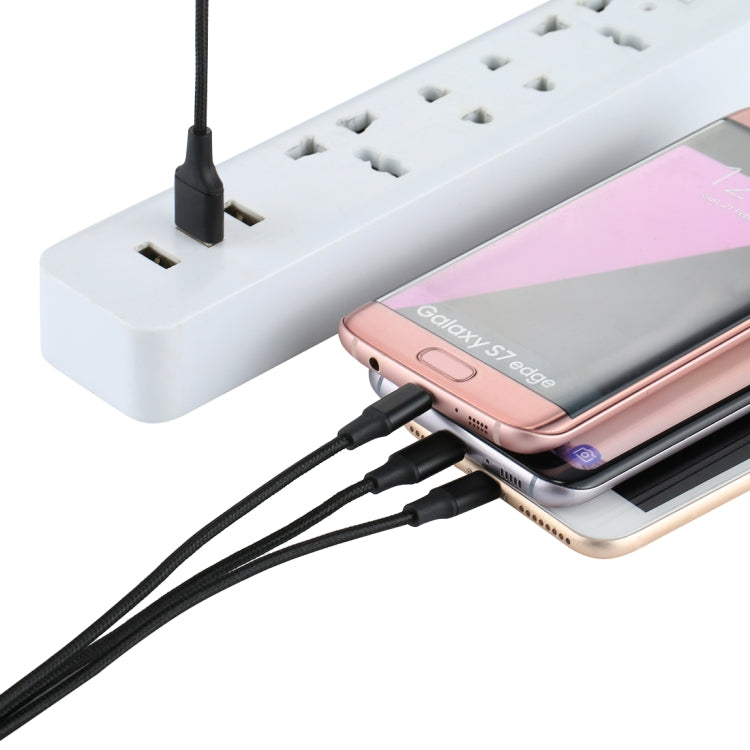 2A 1.2m 3 en 1 USB vers 8 Broches &amp; USB-C / Type-C &amp; Micro USB Câble de Charge en Tissu Nylon pour iPhone / iPad / Galaxy / Huawei / Xiaomi / LG / HTC / Meizu et autres Smartphones (Noir)