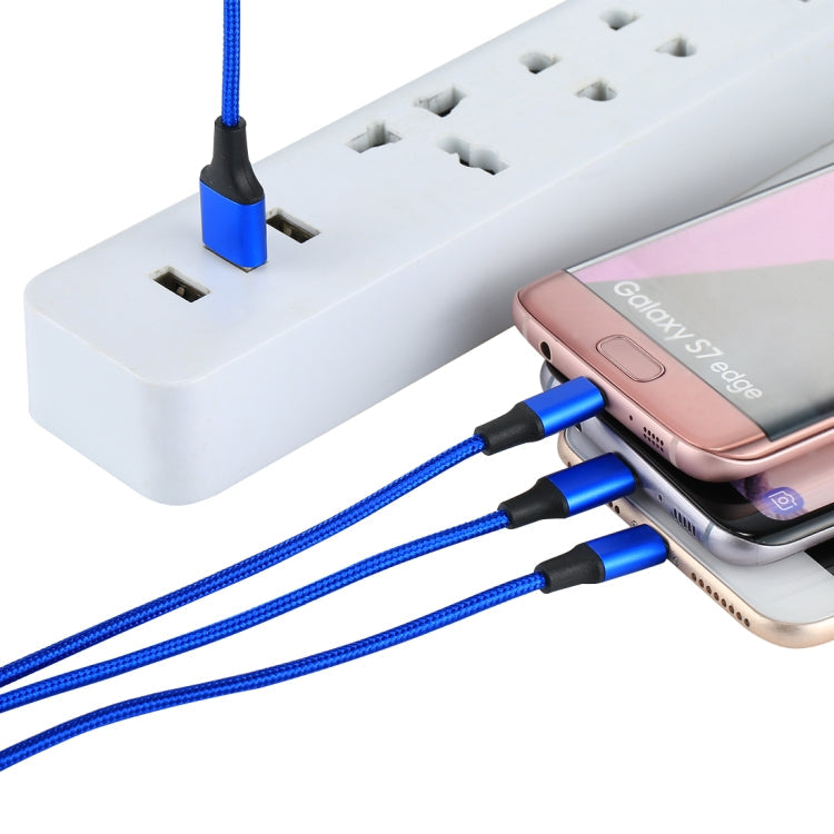 2A 1.2m 3 en 1 USB a 8 Pines y USB-C / Type-C y Micro USB Cable de Carga de tejido de Nylon Para iPhone / iPad / Galaxy / Huawei / Xiaomi / LG / HTC / Meizu y otros Teléfonos Inteligentes (Azul)