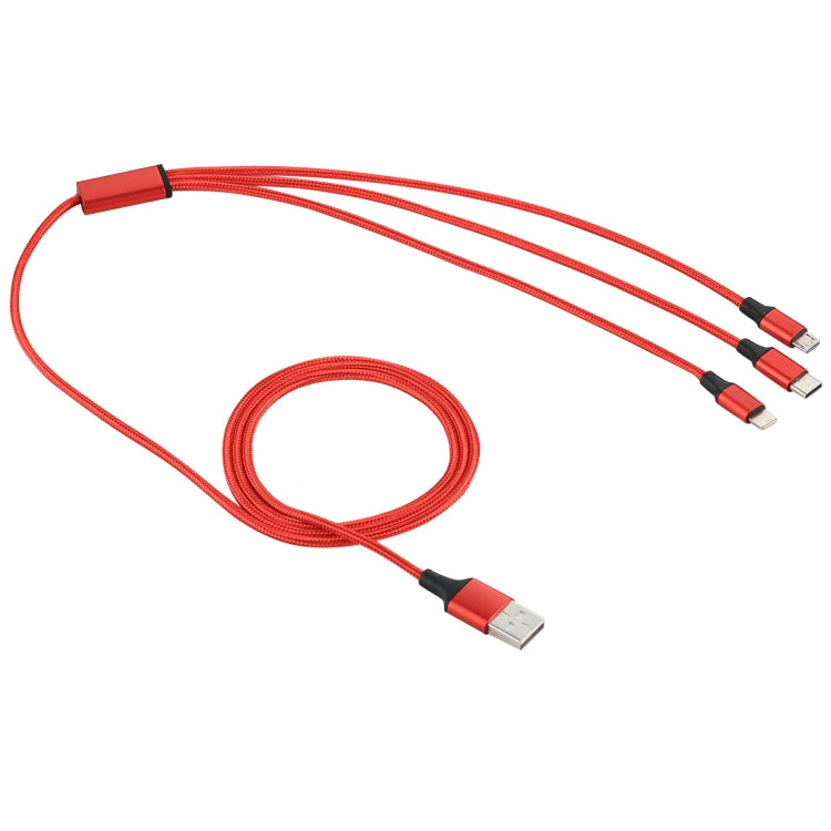 2A 1.2m 3 in 1 USB to 8 Pin &amp; USB-C / Type-C &amp; Micro USB Nylon Fabric Charging Cable For iPhone / iPad / Galaxy / Huawei / Xiaomi / LG / HTC / Meizu and other Smartphones (Red )