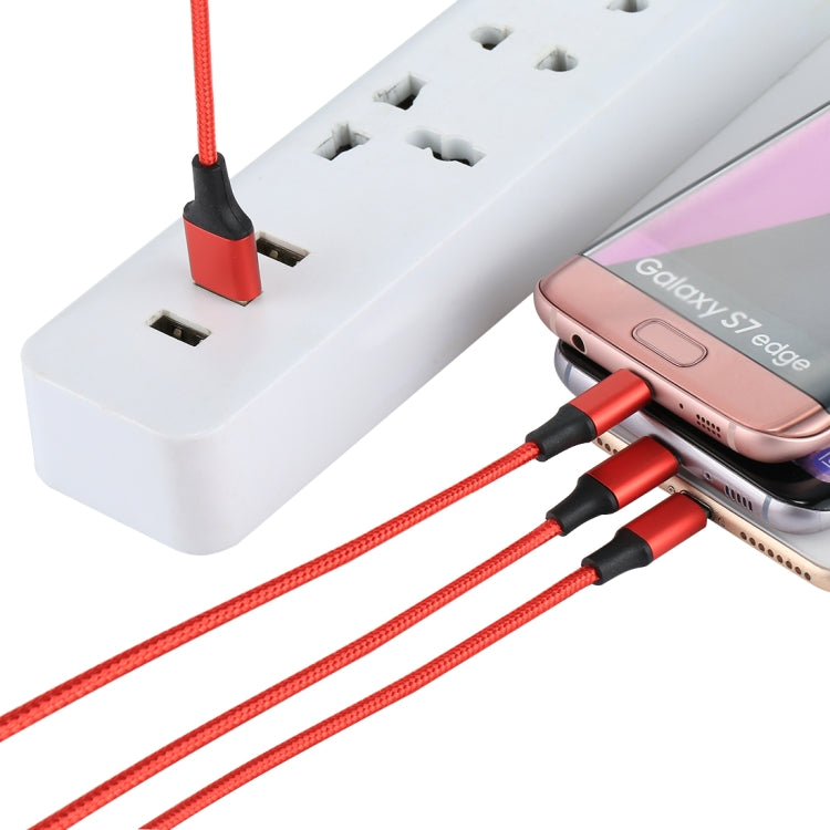 2A 1.2m 3 en 1 USB vers 8 Broches &amp; USB-C / Type-C &amp; Micro USB Câble de Charge en Tissu Nylon pour iPhone / iPad / Galaxy / Huawei / Xiaomi / LG / HTC / Meizu et autres Smartphones (Rouge)