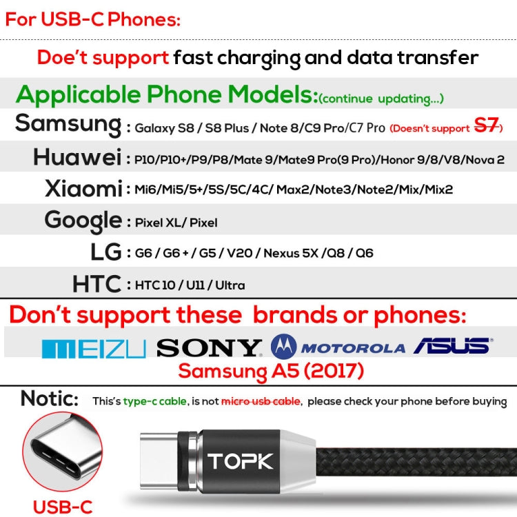 TOPK 1m 2.4A Max USB vers USB-C / Type-C Câble de Charge Magnétique Tressé en Nylon avec Indicateur LED (Noir)