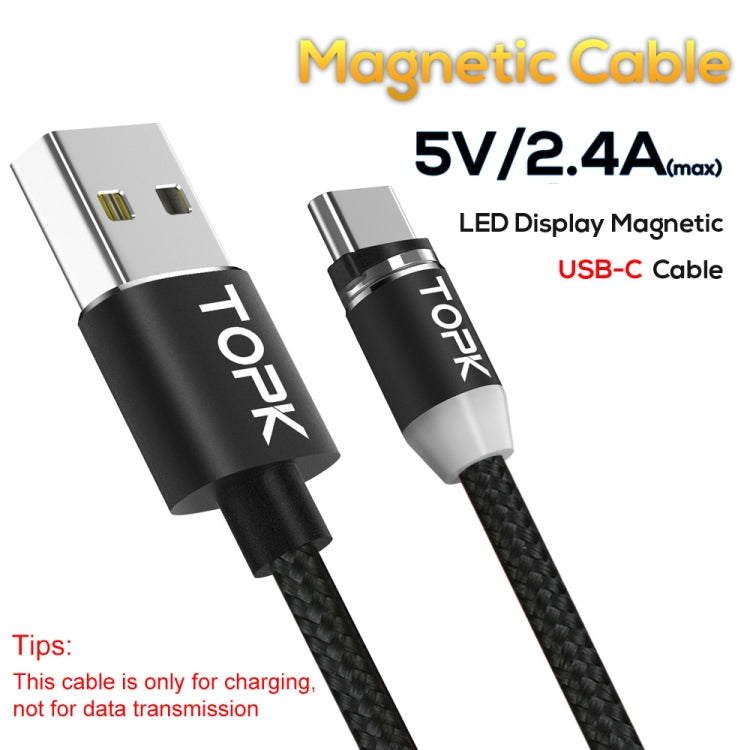 TOPK 1m 2.4A Max USB to USB-C / Type-C Nylon Braided Magnetic Charging Cable with LED Indicator (Black)