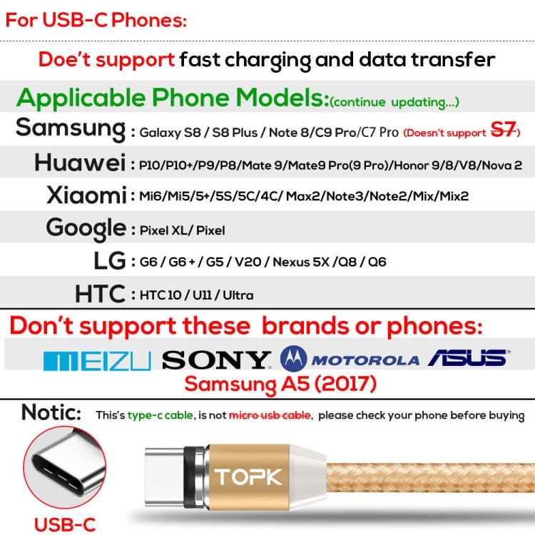 TOPK 1m 2.4A Max USB to USB-C / Type-C Nylon Braided Magnetic Charging Cable with LED Indicator (Gold)