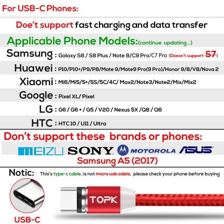 TOPK 1m 2.4A Max USB vers USB-C / Type-C Câble de Charge Magnétique Tressé en Nylon avec Indicateur LED (Rouge)