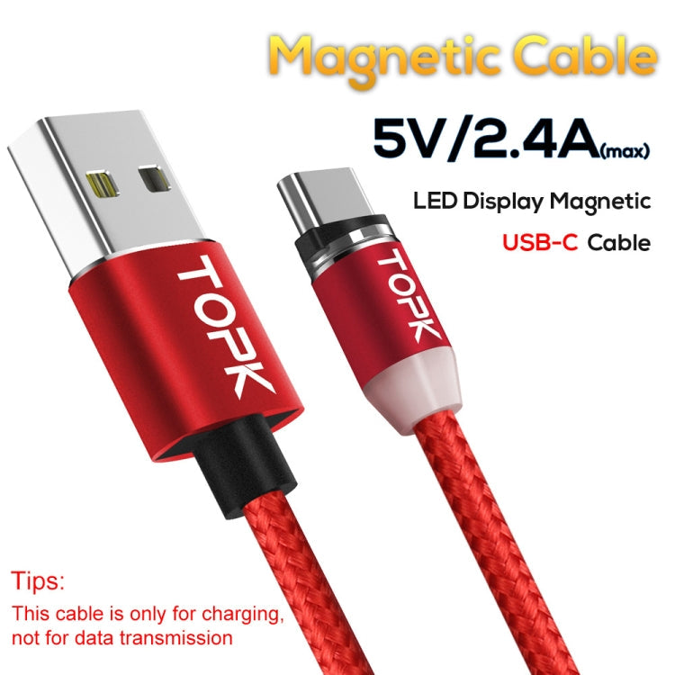 TOPK 1m 2.4A Max USB to USB-C / Type-C Nylon Braided Magnetic Charging Cable with LED Indicator (Red)