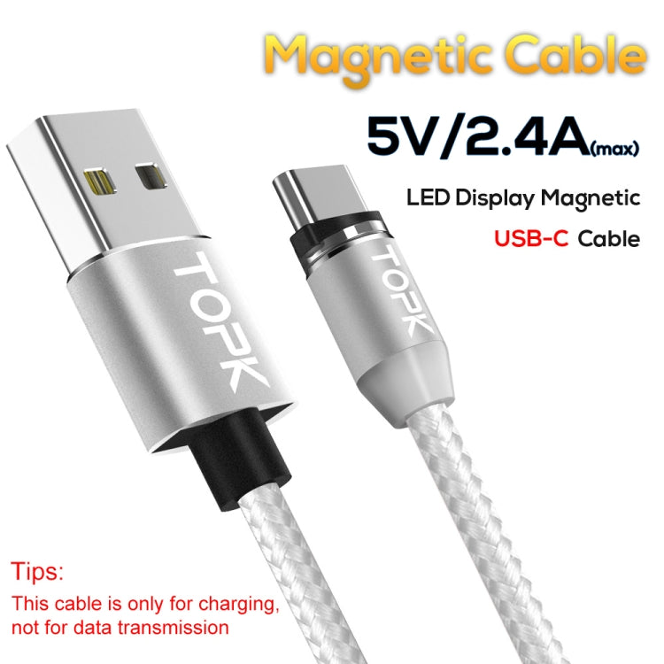 TOPK 1m 2.4A Max USB vers USB-C / Type-C Câble de Charge Magnétique Tressé en Nylon avec Indicateur LED (Argent)