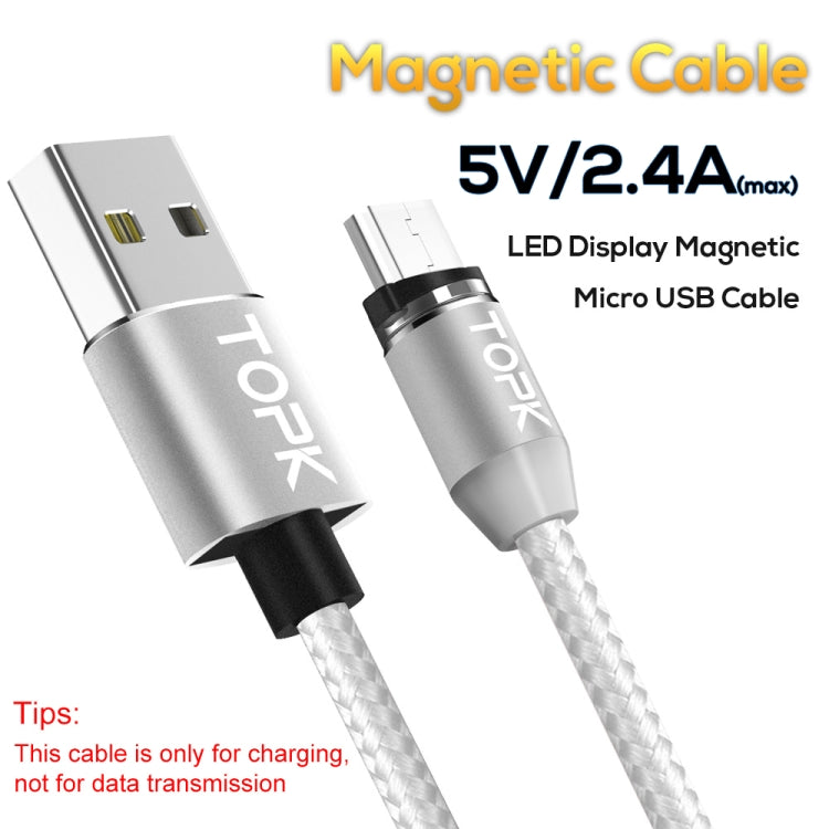 TOPK 1m 2.4A Max USB to Micro USB Nylon Braided Magnetic Charging Cable with LED Indicator (Silver)