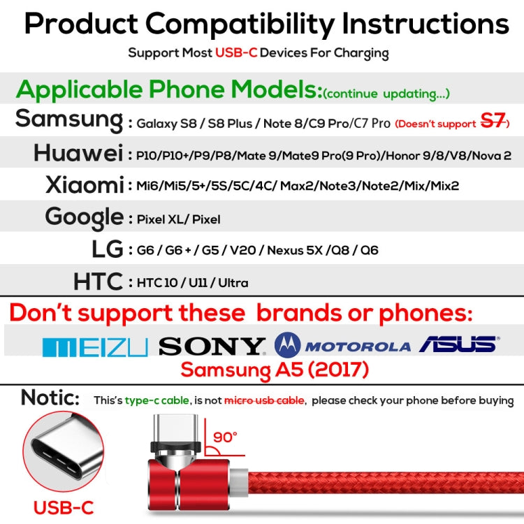 TOPK 1m 2.4A Max USB vers USB-C / Type-C Câble de Charge Magnétique Coudé à 90 Degrés avec Indicateur LED (Rouge)
