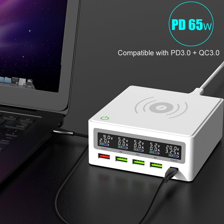 Interface USB QC 3.0 6 en 1 + 3 ports USB + ports PD 65 W + chargeur sans fil multifonction QI à charge rapide avec affichage LED prise AU (blanc)