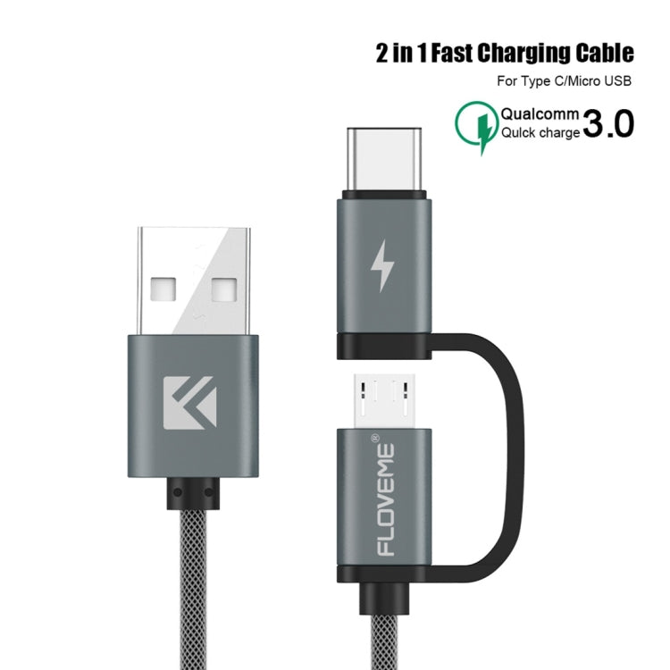 FLOVEME 0.8m 2 in 1 PVC + Copper Core 2.8A QC3.0 Micro USB &amp; USB-C / Type-C to USB Data Sync Charging Cable for Galaxy Huawei Xiaomi LG HTC and Other Smartphones Rechargeable Devices (Grey)
