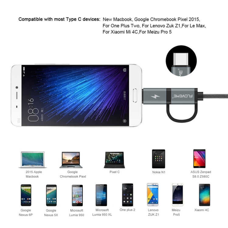 FLOVEME 0.8m 2 en 1 PVC + Núcleo de cobre 2.8A QC3.0 Micro USB y USB-C / Type-C a USB Cable de Carga de Sincronización de Datos Para Galaxy Huawei Xiaomi LG HTC y otros Teléfonos Inteligentes dispositivos reCargables (Gris)