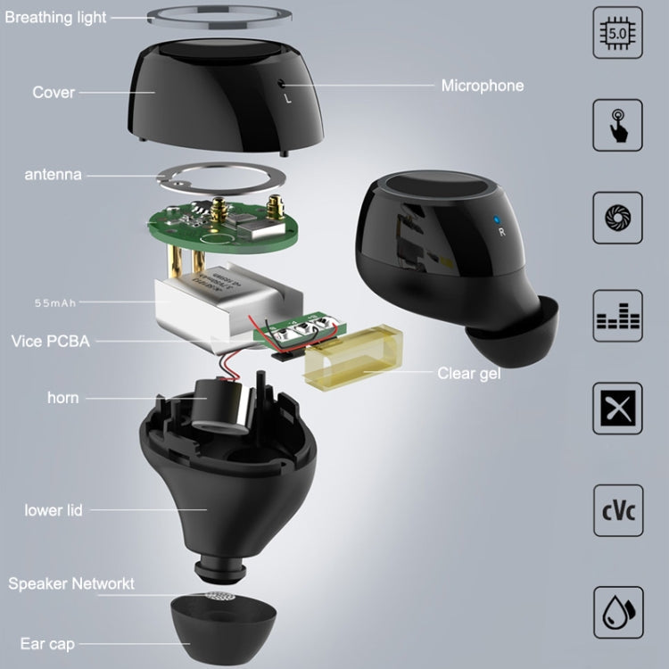 Écouteurs Bluetooth V6 TWS Casque sans fil Bluetooth 5.0 Casque de sport mains libres avec boîtier de chargement (Argent)