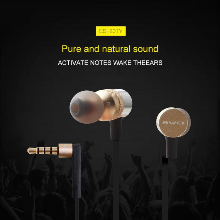 awei ES-20TY TPE In-ear Wired Control Earphone with Mic for iPhone iPad Galaxy Huawei Xiaomi LG HTC and other Smartphones (Gold)
