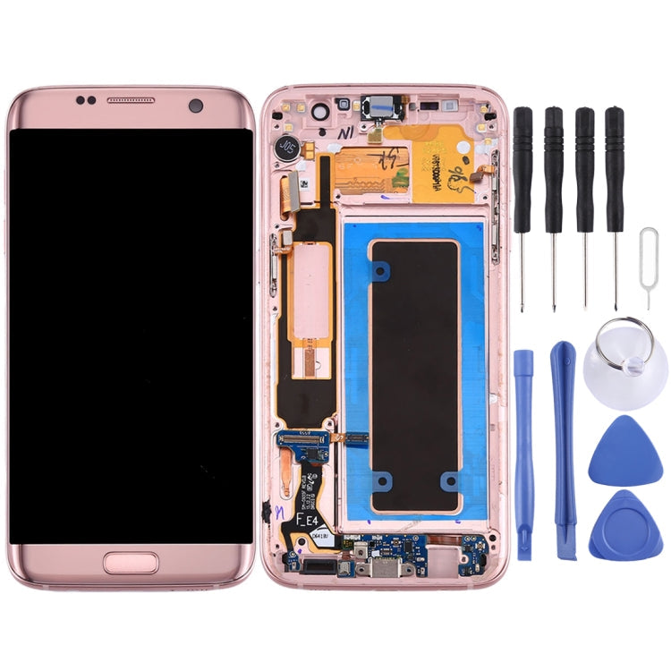 Pantalla LCD Original y Táctil Digitalizador con marco placa de Puerto de Carga Botón de Volumen y Botón de Encendido para Samsung Galaxy S7 Edge / G935F (Rosa)