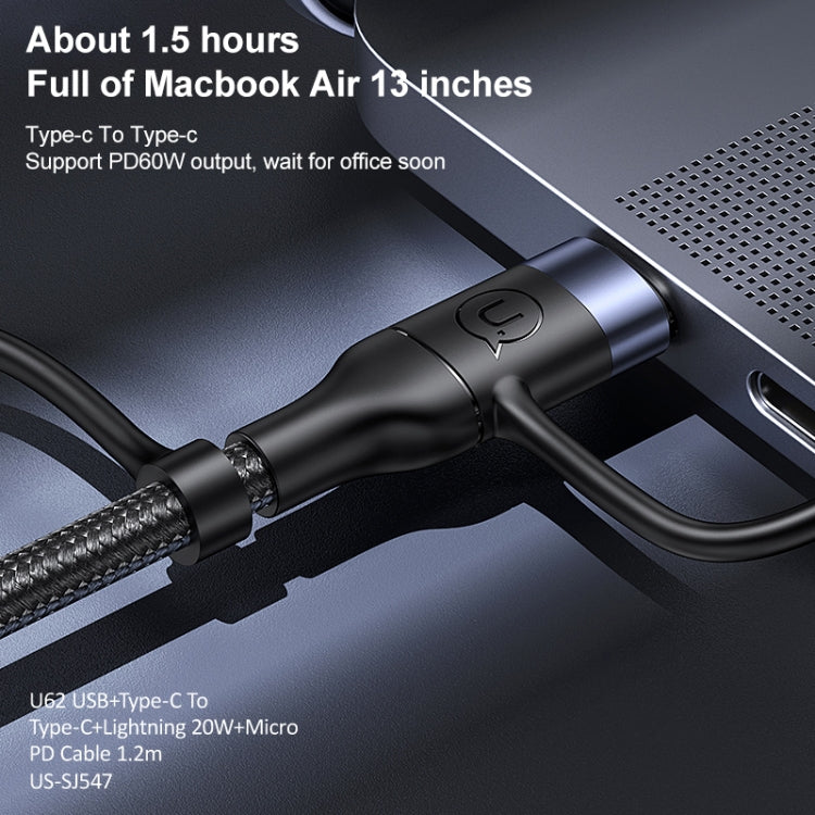 USAMS S-SJ547 U62 USB + Tipo-C / USB-C TOTYPE-C / USB-C + 8 PIN + Micro Aleación de Aluminio PD Cable de Carga Rápida longitud: 1.2m (Negro)