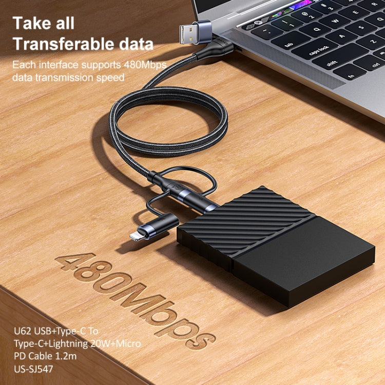 USAMS S-SJ547 U62 USB + Type-C / USB-C TOTYPE-C / USB-C + 8 BROCHES + Micro Alliage d'Aluminium PD Charge Rapide Longueur du câble : 1,2 m (Noir)