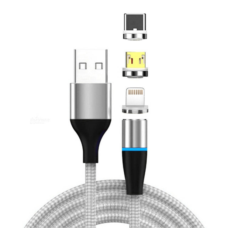 3 en 1 3A USB a 8 Pines + Micro USB + USB-C / Tipo-C Carga Rápida + 480Mbps Transmisión de Datos Teléfono Móvil Succión Magnética Carga Rápida Cable de Datos Longitud del Cable: 1 m (Plata)