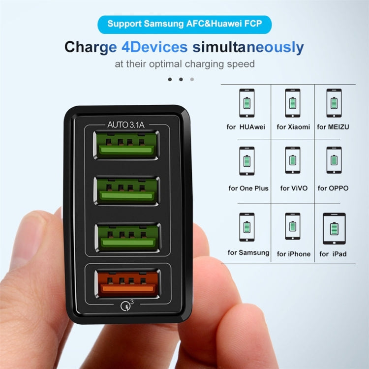 30W QC 3.0 USB + 3 USB 2.0 Ports Mobile Phone Tablet PC Universal Fast Charger Travel Charger EU Plug (Black)