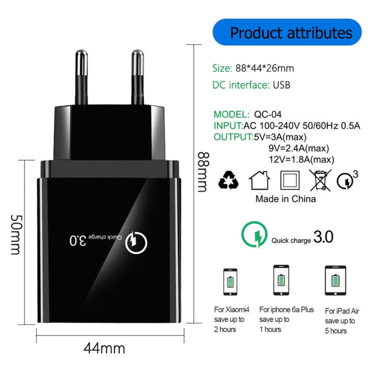 30W QC 3.0 USB + 3 USB 2.0 Ports Mobile Phone Tablet PC Universal Fast Charger Travel Charger EU Plug (Black)