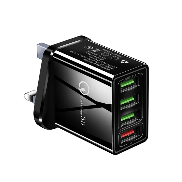 30W QC 3.0 USB + 3 USB 2.0 Ports Mobile Phone Tablet PC Universal Fast Charger Travel Charger UK Plug (Black)