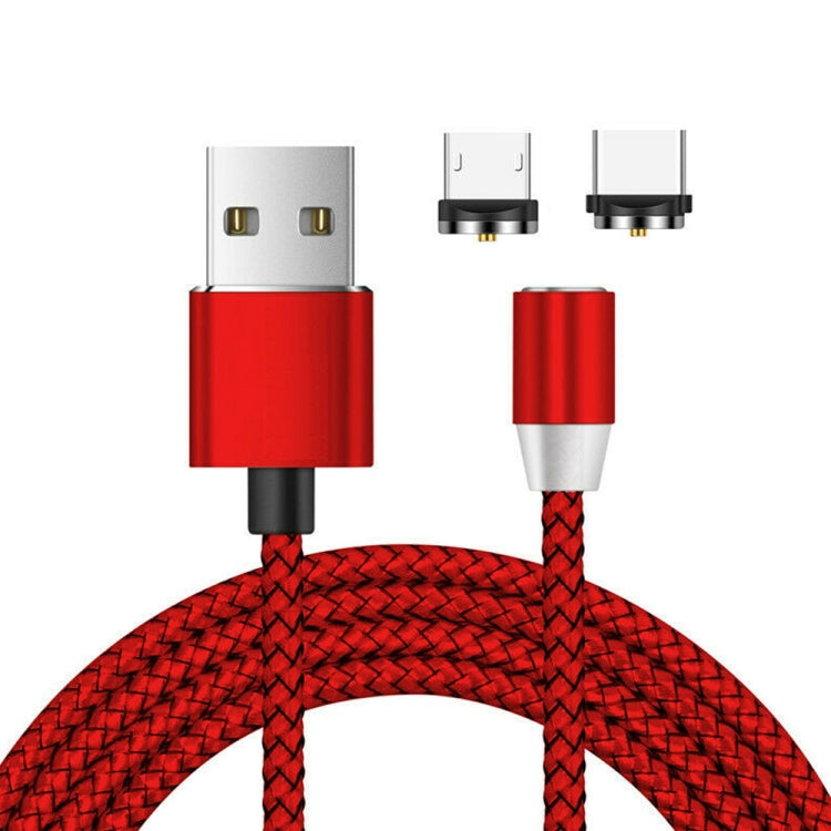 2 en 1 USB a Micro USB + USB-C / Tipo-C Conector metálico Magnético Cable de Datos Magnético trenzado biColor de Nylon Longitud del Cable: 1 m (Rojo)