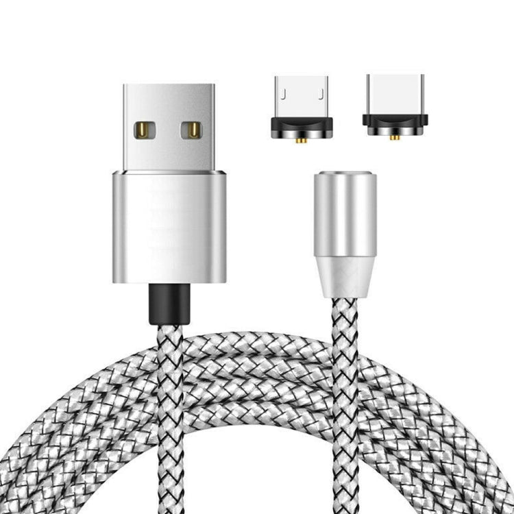 2 en 1 USB vers Micro USB + USB-C / Type-C Connecteur métallique magnétique Câble de données magnétique tressé en nylon bicolore Longueur du câble : 1 m (Argent)