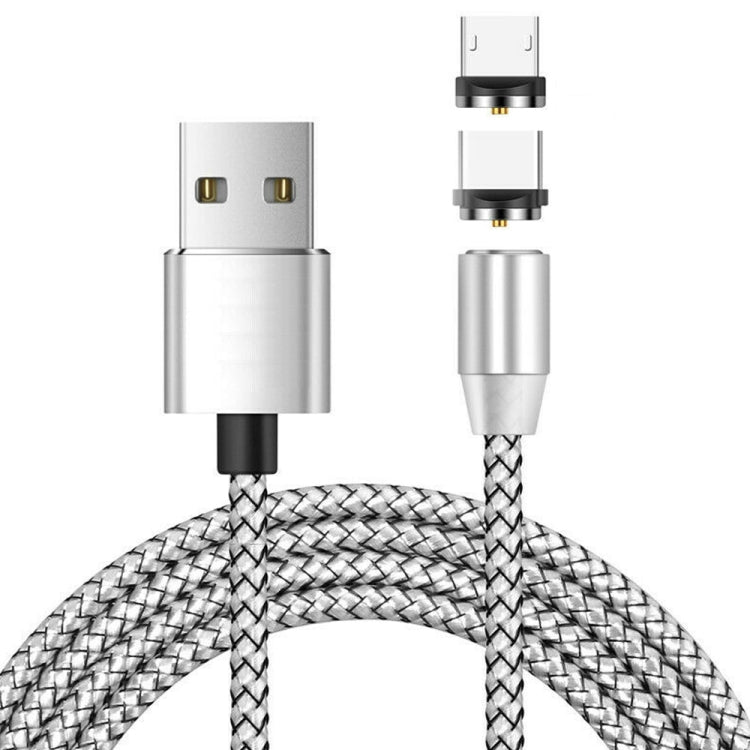 2 en 1 USB a Micro USB + USB-C / Tipo-C Conector metálico Magnético Cable de Datos Magnético trenzado biColor de Nylon Longitud del Cable: 1 m (Plateado)
