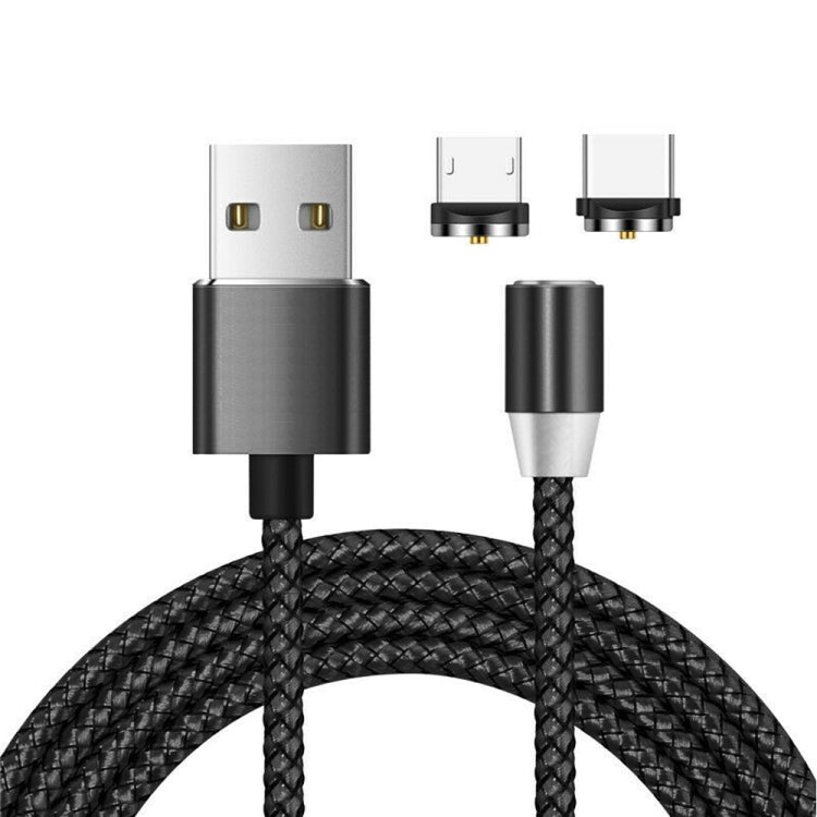 2 en 1 USB a Micro USB + Tipo-C / USB-C Cable de Carga trenzado de Nylon con junta metálica Magnética Longitud: 2 m (Negro)